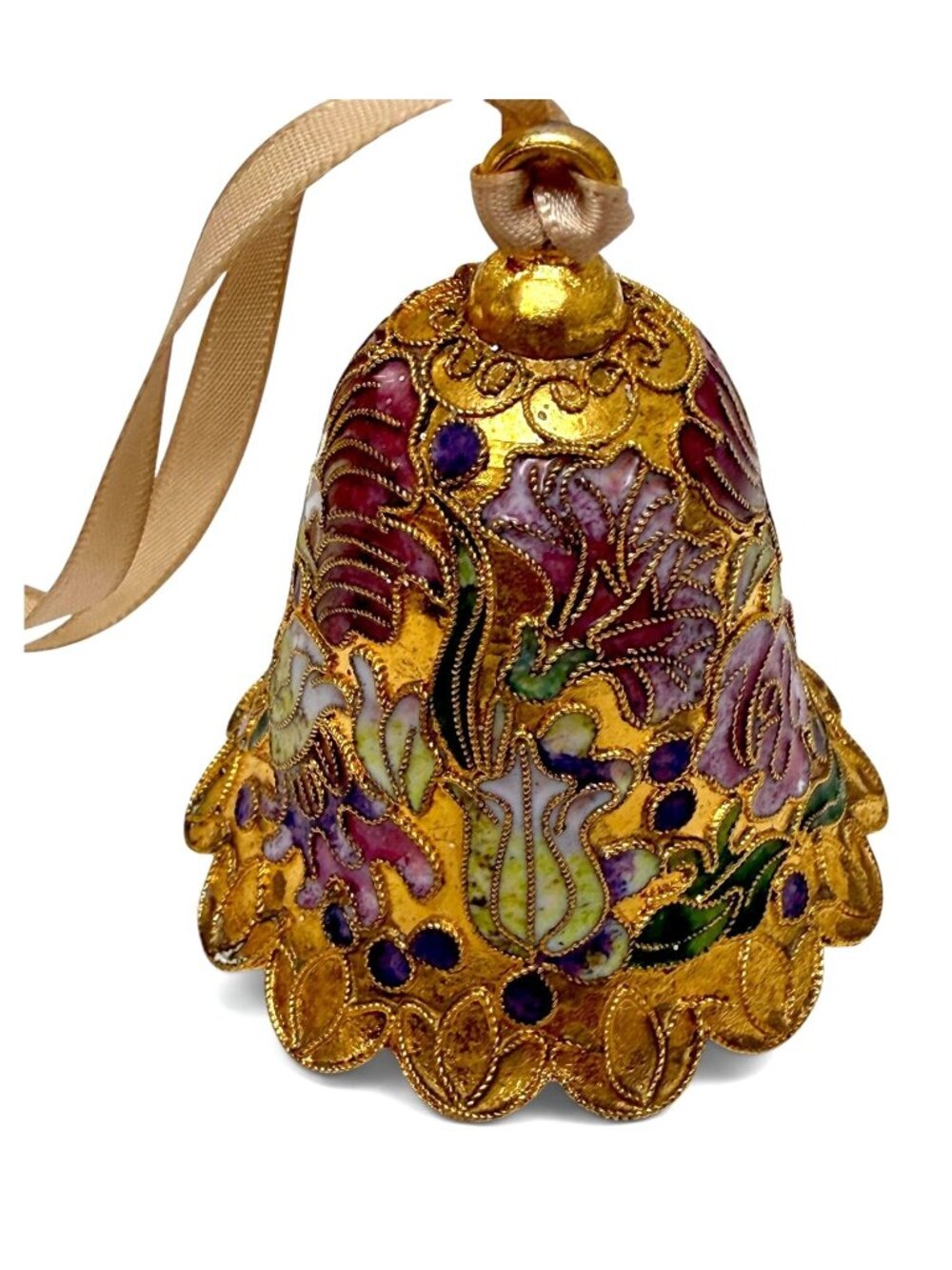 Cloisonne Christmas Ornament Bell Enamel Floral Pastel Goldtone 2.25" Vintage